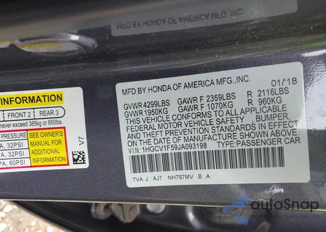 2018 Honda Accord Ex-L from USA, damaged, VIN 1HGCV1F59JA093198